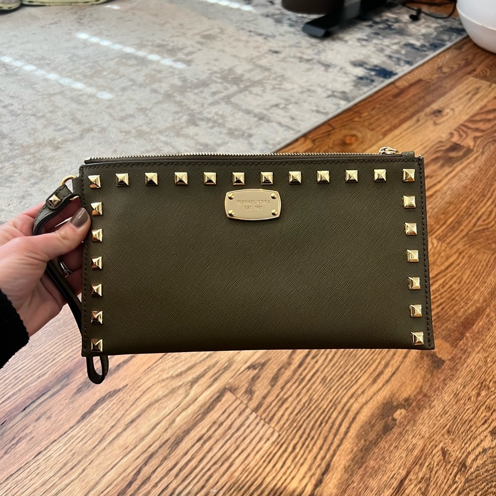 Olive Michael Kors Saffiano Studded Zip Clutch